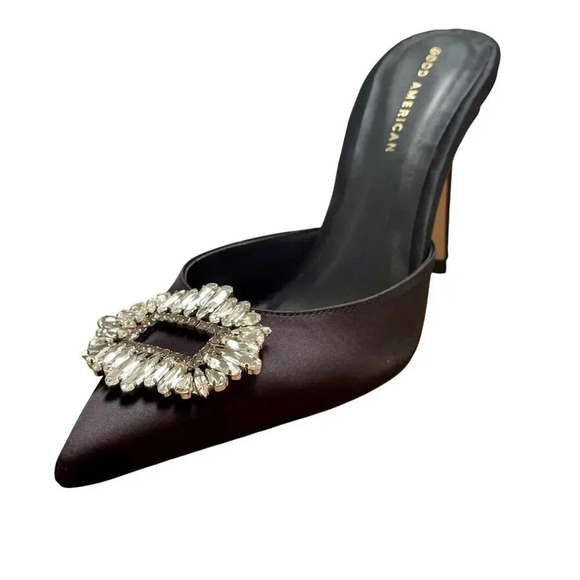 New GOOD AMERICAN Jeweled Glass Slipper Black Satin 4" Heel Mules Women's 9.5 - Picture 8 of 10